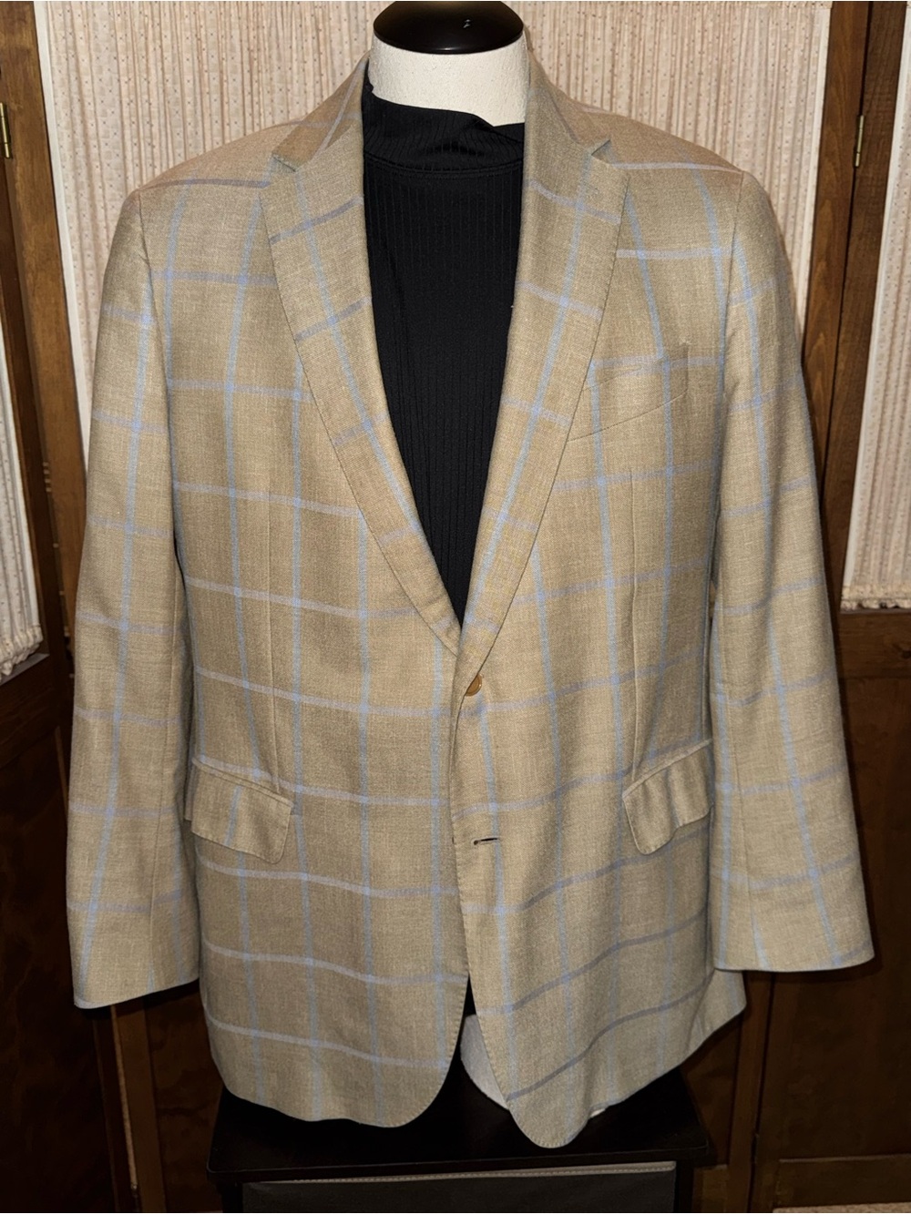 Façonnable Tan Windowpane, 46L Sport Coat – Wool/Silk/Linen, Half Canvas, Italy